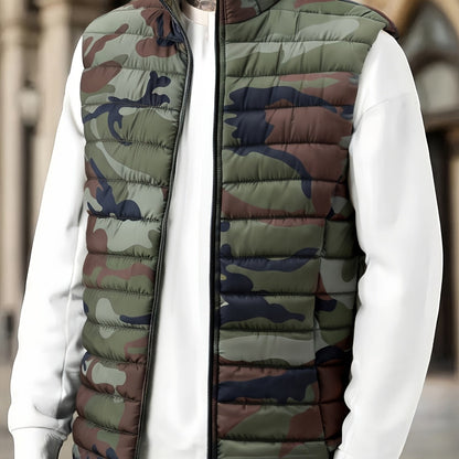 Unisex Steppweste Camouflage, Olivgrün/Braun/Schwarz, Ärmellos, Reißverschluss