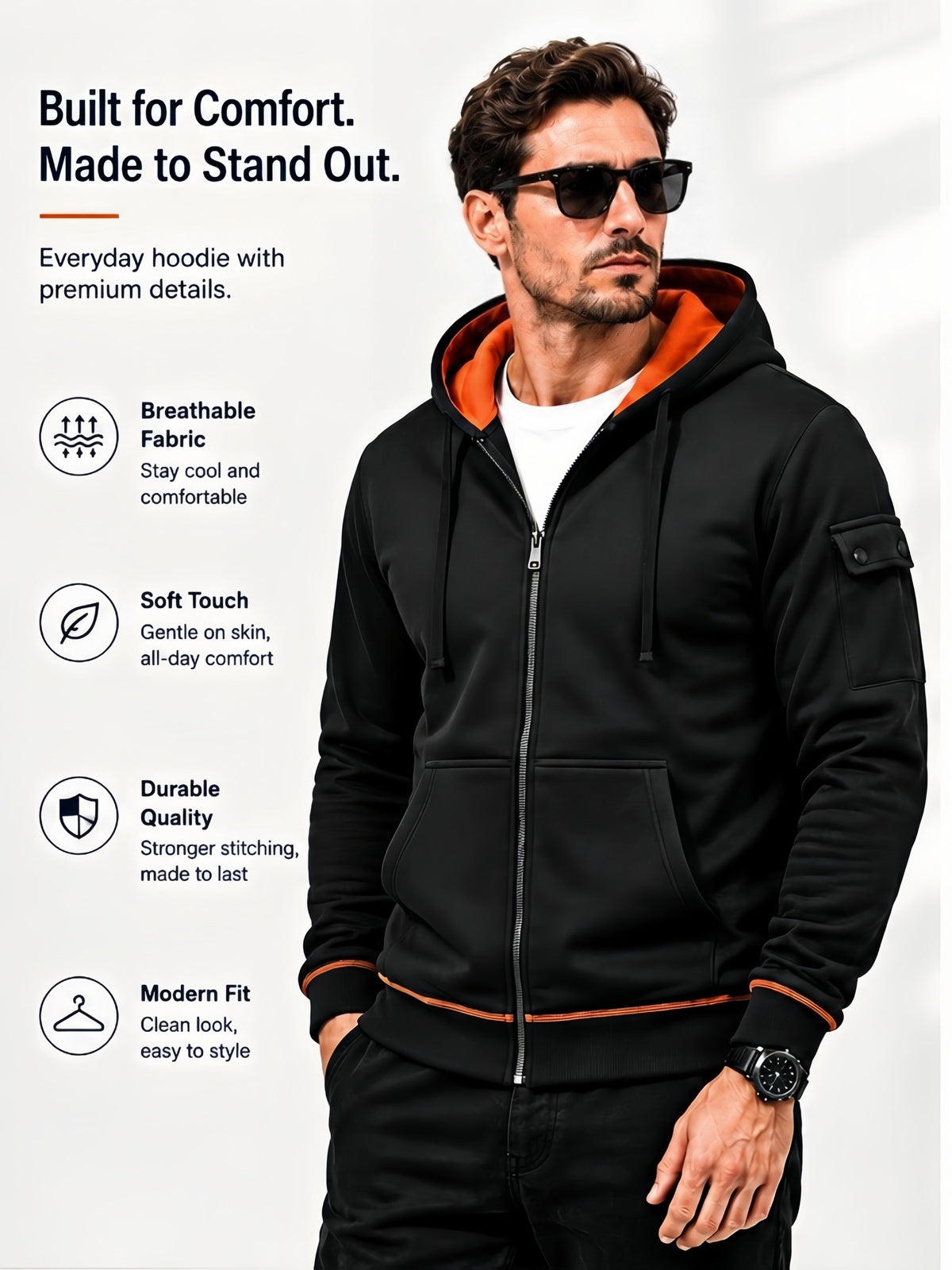 Herren Kapuzenjacke mit Reißverschluss und Kontrastfutter, Ärmeltasche