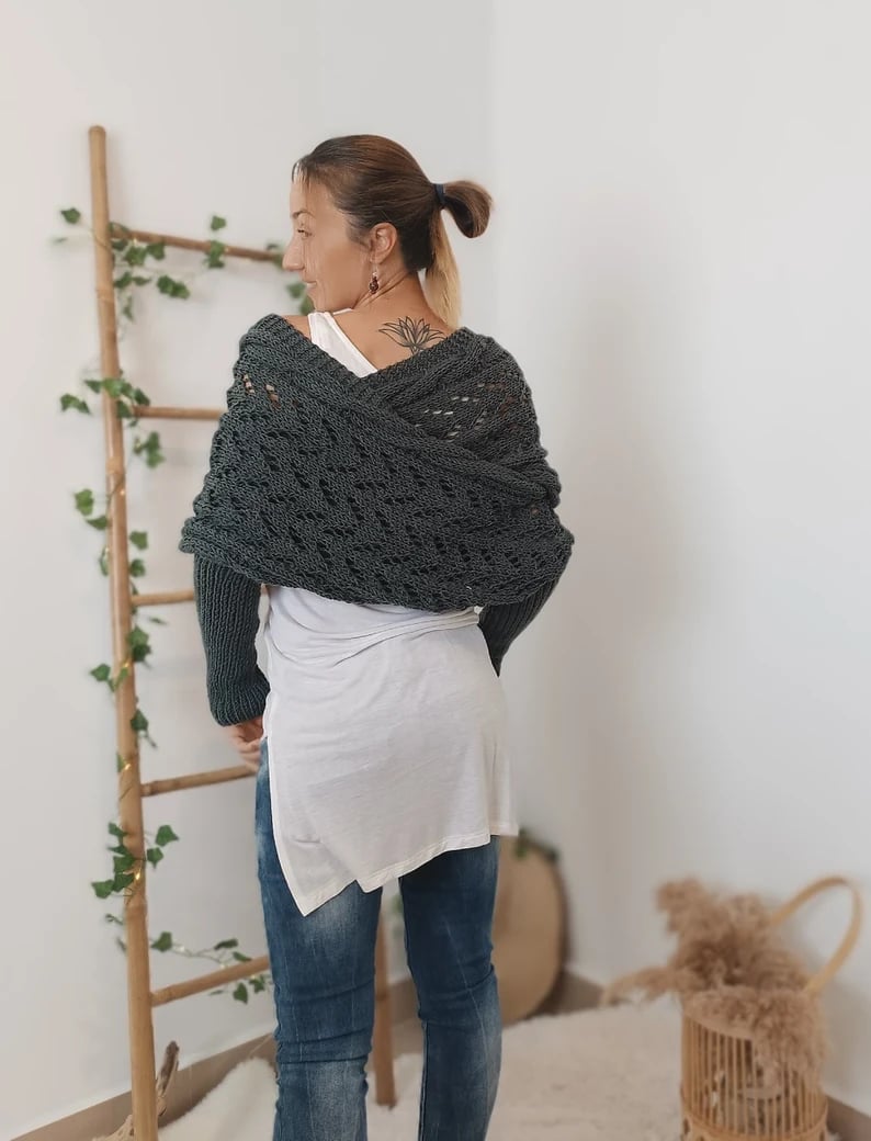Gestrickter Bolero Damen Wickelpullover mit Ärmeln und Lochmuster