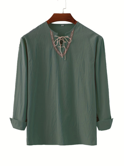 Herren Vintage Tunika mit Schnürung und geometrischem Muster – Boho Style Langarm Shirt