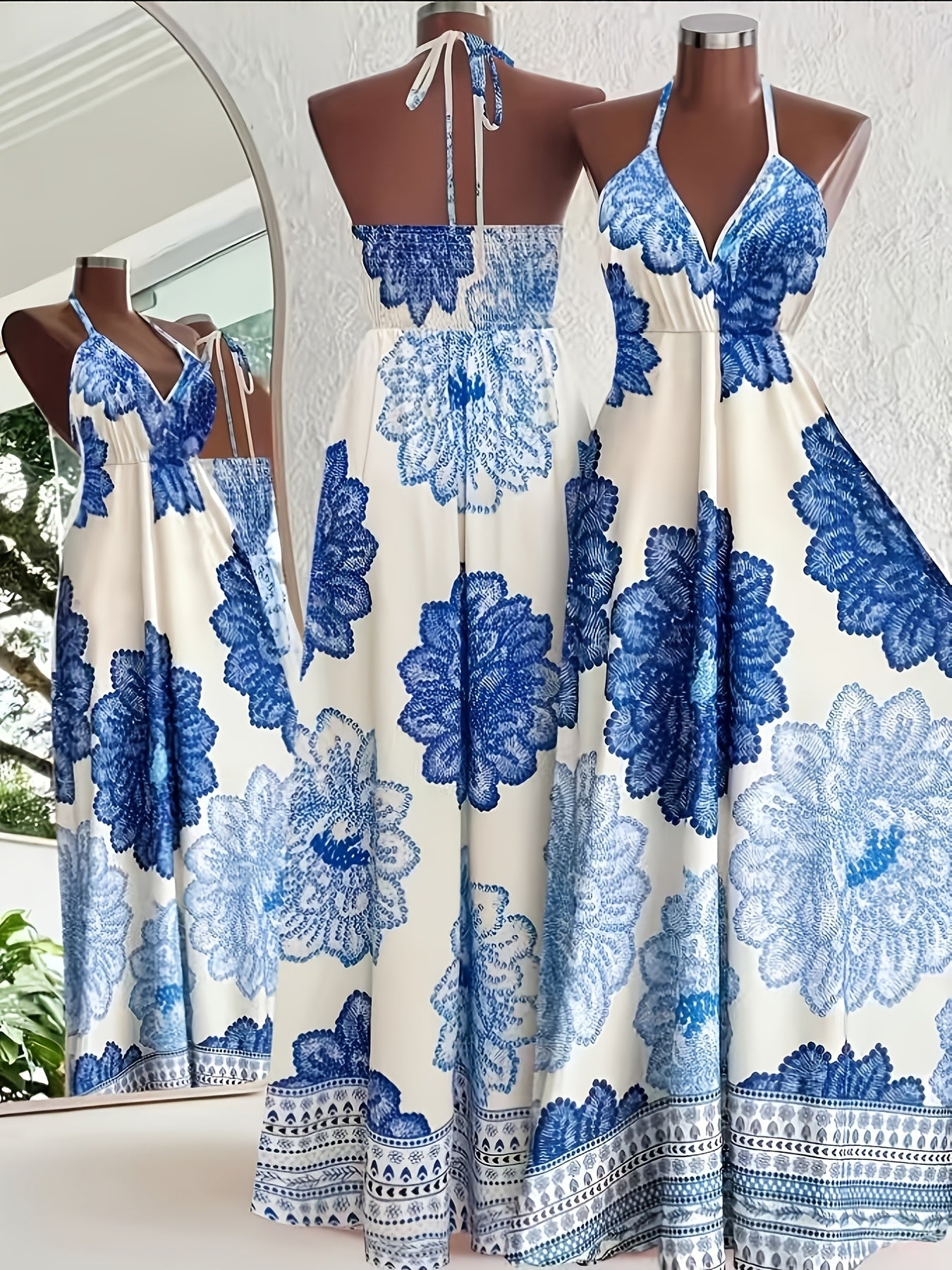 Damen Boho Maxikleid mit Halterneck und Grafikprint für Urlaub und Sommerfeste