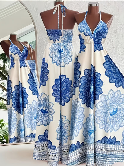 Damen Boho Maxikleid mit Halterneck und Grafikprint für Urlaub und Sommerfeste
