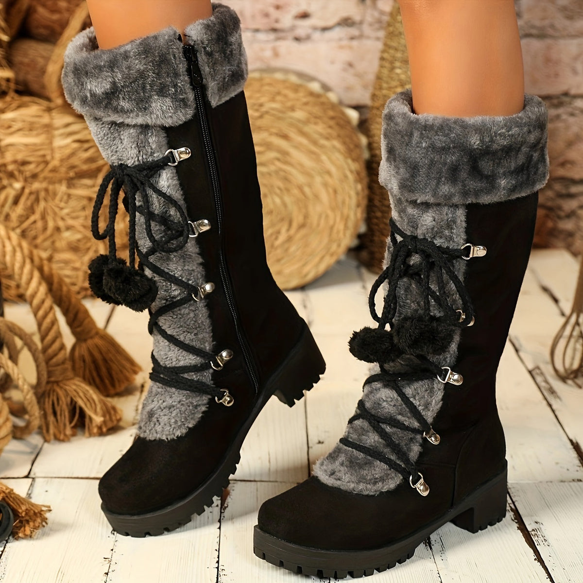 Damen Winterstiefel Schwarz mit Kunstfellbesatz & Zierschnürung