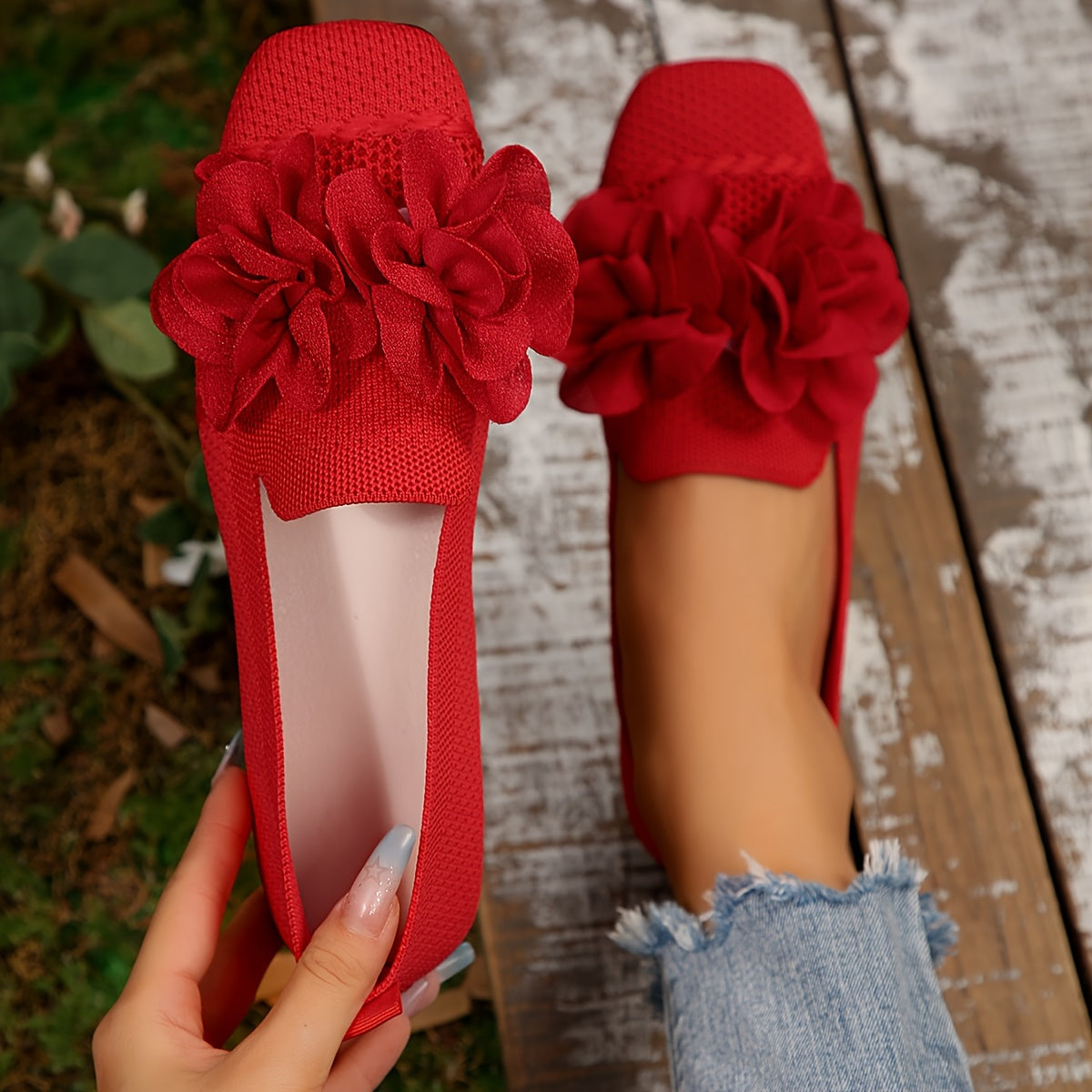 Damen Slip-On Ballerinas mit floraler Applikation – Stilvolle Freizeitschuhe für den Alltag