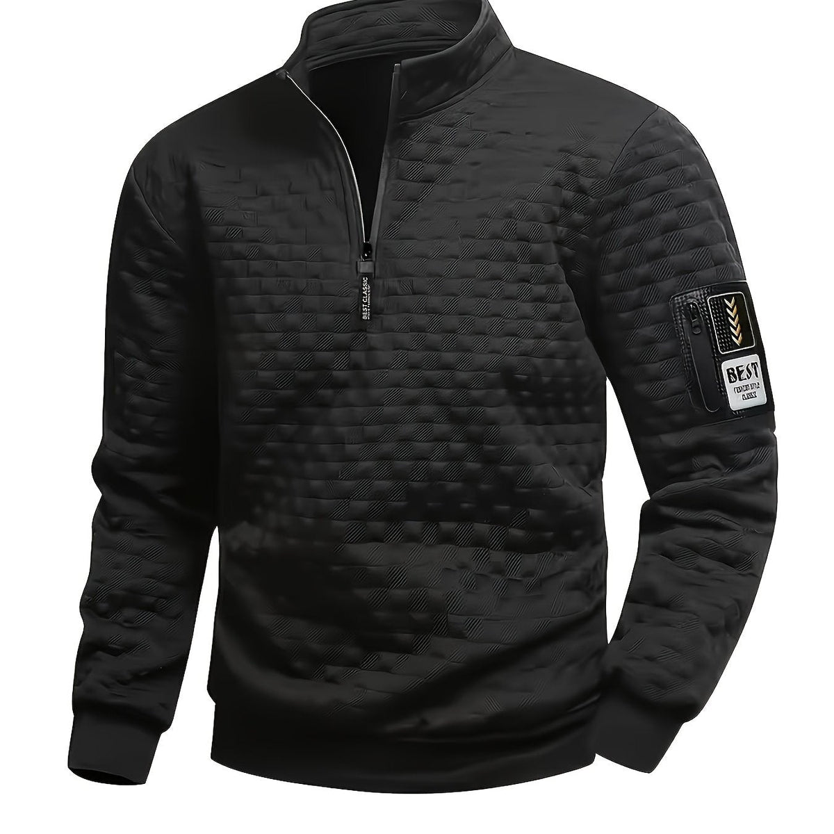 Herren Stehkragen Pullover mit Reißverschluss, gesteppt, Schwarz