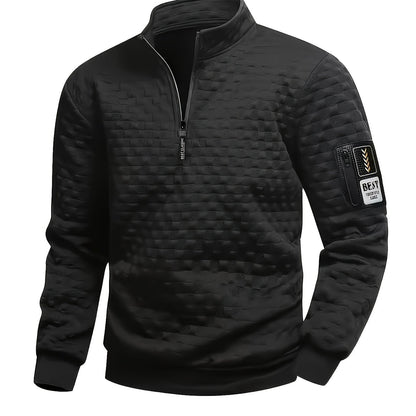 Herren Stehkragen Pullover mit Reißverschluss, gesteppt, Schwarz