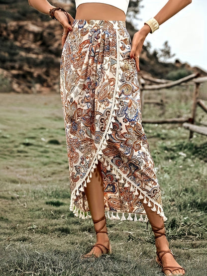 Damen Boho-Wickelrock mit Paisley-Muster und Quasten, Midi, Vintage-Stil, Elegant für Freizeit und Urlaub