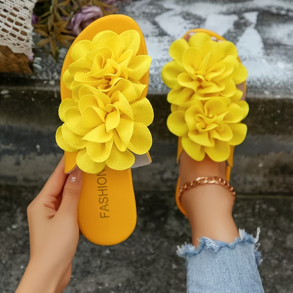 Damen Sandalen mit großer Blumenapplikation – Modische Slide-Slipper für Freizeit und Alltag
