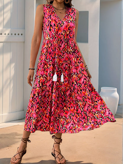 Damen Sommerkleid Elegant Boho Style Ärmellos Midi Freizeitkleid mit Kordel und Quasten