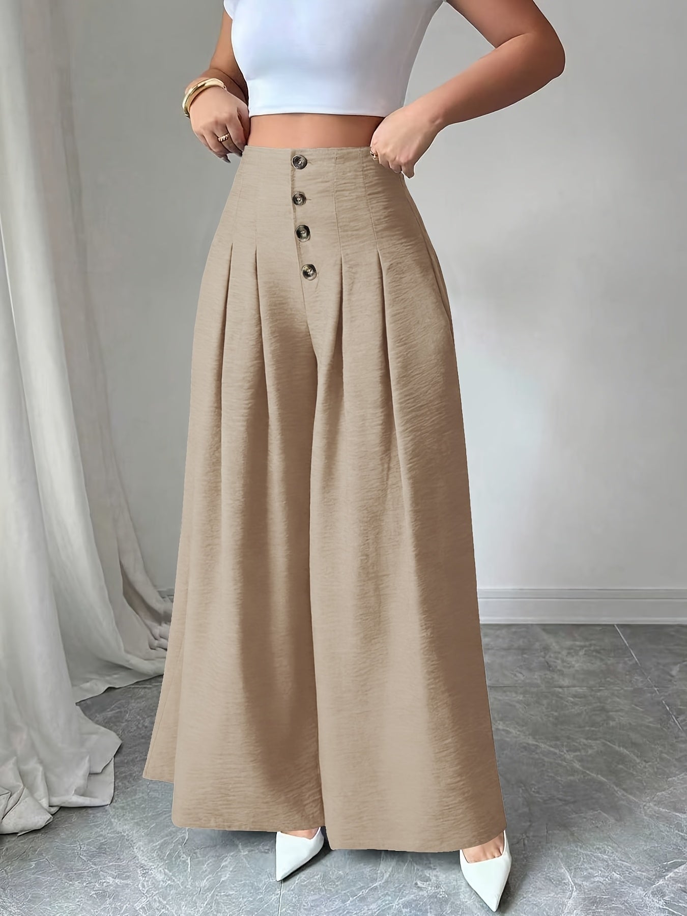Damen Weitbeinige High-Waist Hose mit Knopfdetail und Eleganten Falten – Modische Business- und Freizeit-Hose