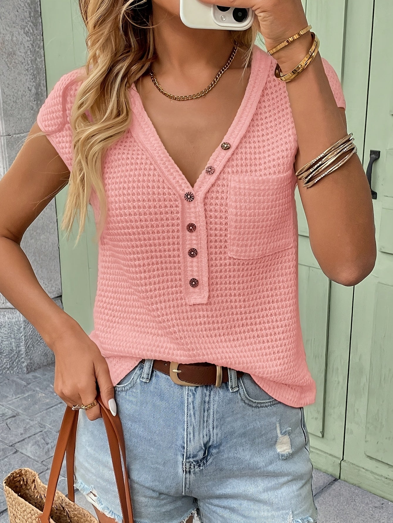 Damen Henley Shirt mit Struktur und Knopfleiste – Lässiges Kurzarm-Oberteil für Alltag & Freizeit