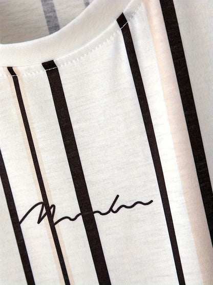 Herren T-Shirt mit vertikalem Streifenmuster und modernem Grafik-Print – Trendiges Freizeitshirt für Alltag und Ausgehen