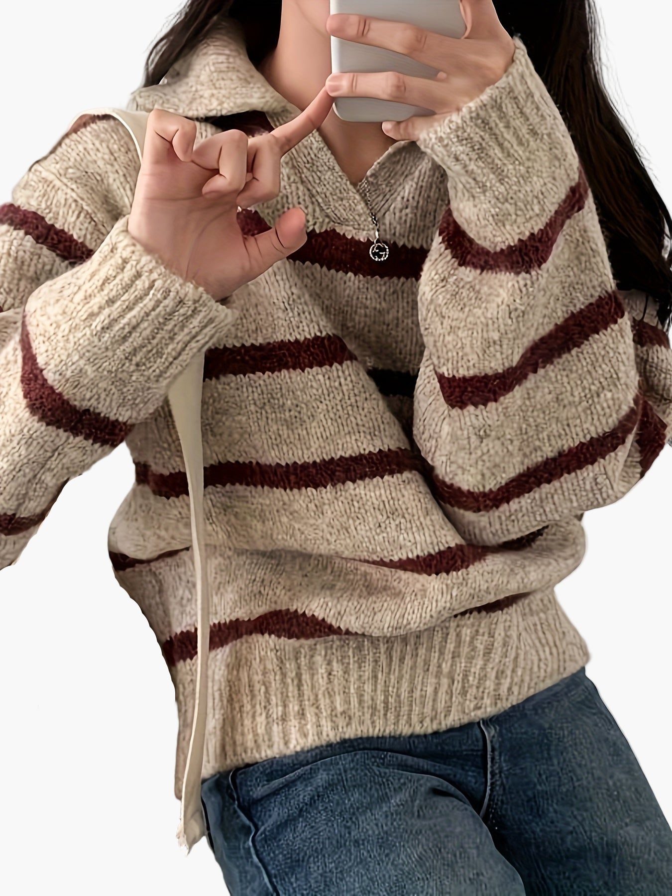 Damen Strickpullover mit Streifenmuster und Polokragen – Eleganter Herbst/Winter Sweater