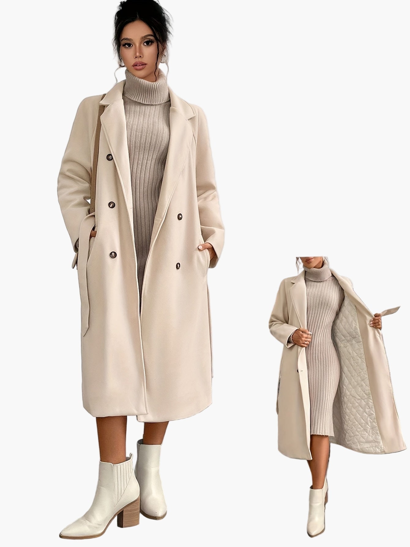 Damen Eleganter Wintermantel mit Gürtel – Langer Veganer Wollmantel für Büro und Alltag