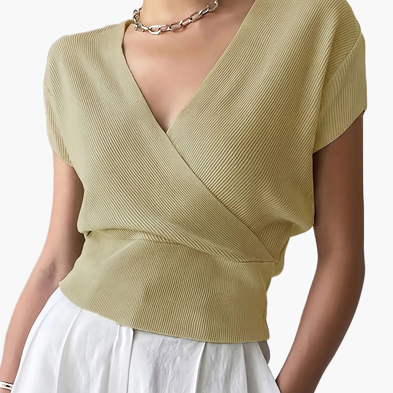 Damen Wickelshirt mit V-Ausschnitt – Eleganter Sommer Pullover Kurzarm für Freizeit & Büro