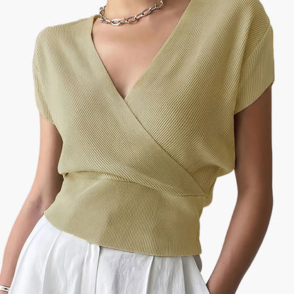 Damen Wickelshirt mit V-Ausschnitt – Eleganter Sommer Pullover Kurzarm für Freizeit & Büro