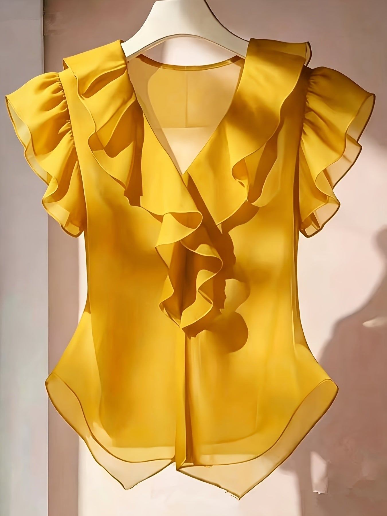 Damen Rüschenbluse mit V-Ausschnitt und Volantärmeln – Elegante Chiffonbluse für Büro und besondere Anlässe