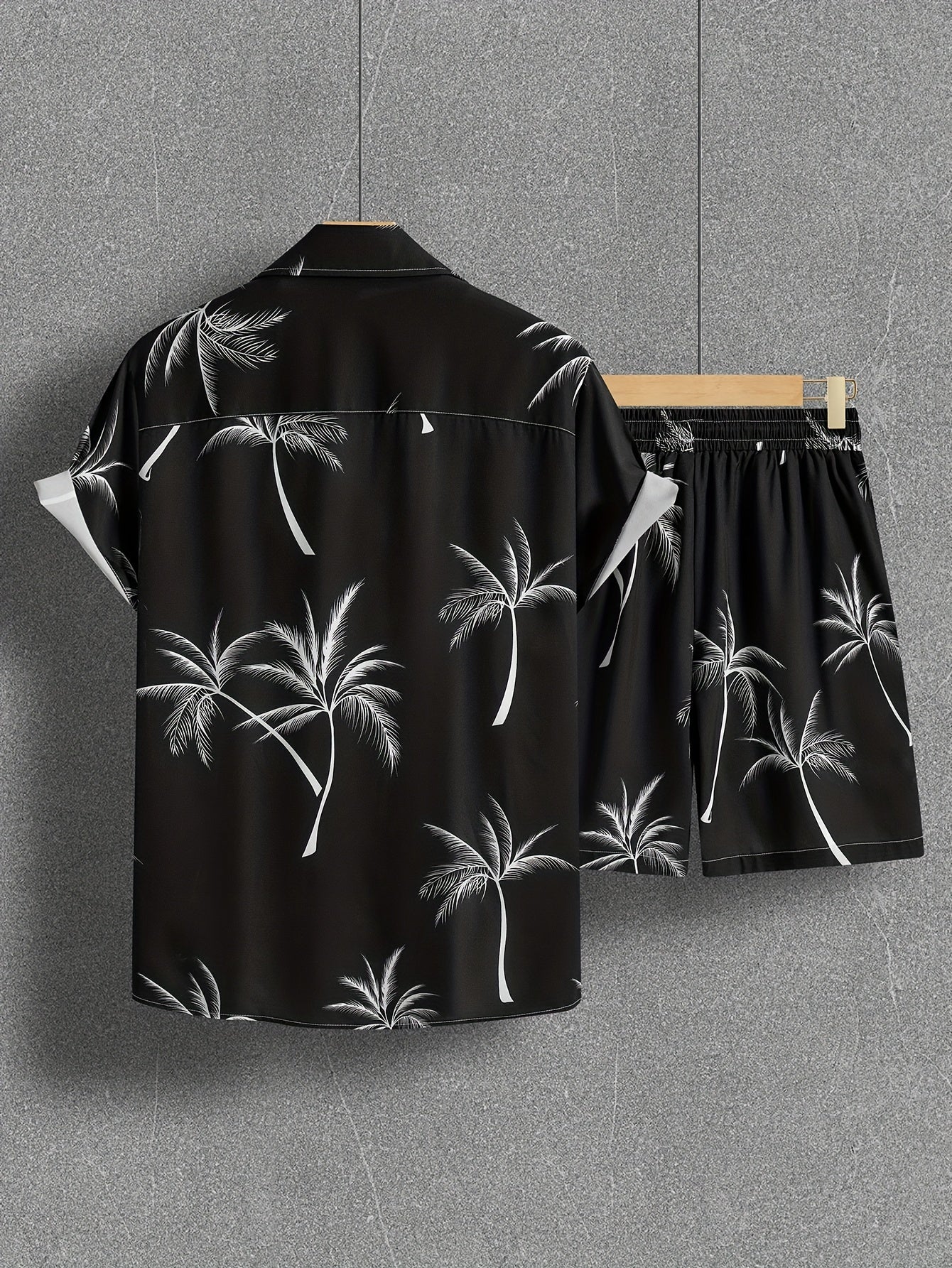 Herren Strand Outfit Zweiteiler mit Palmenmuster – Freizeit Hemd und Shorts Set