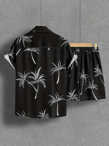 Herren Strand Outfit Zweiteiler mit Palmenmuster – Freizeit Hemd und Shorts Set