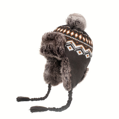 Winter Bommelmütze mit Ohrenklappen Strick & Kunstfell Norwegermuster