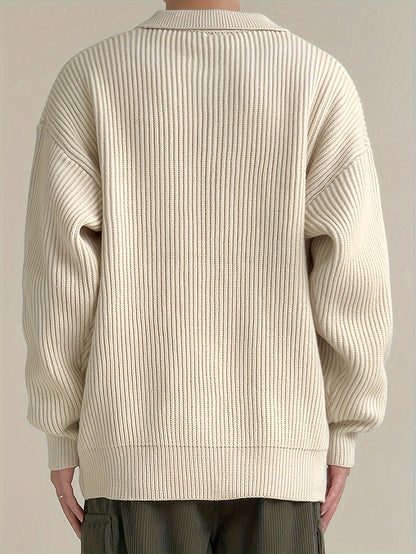 Gerippte Strickjacke mit Kragen für Herren – Beige, Schwarz, Grün