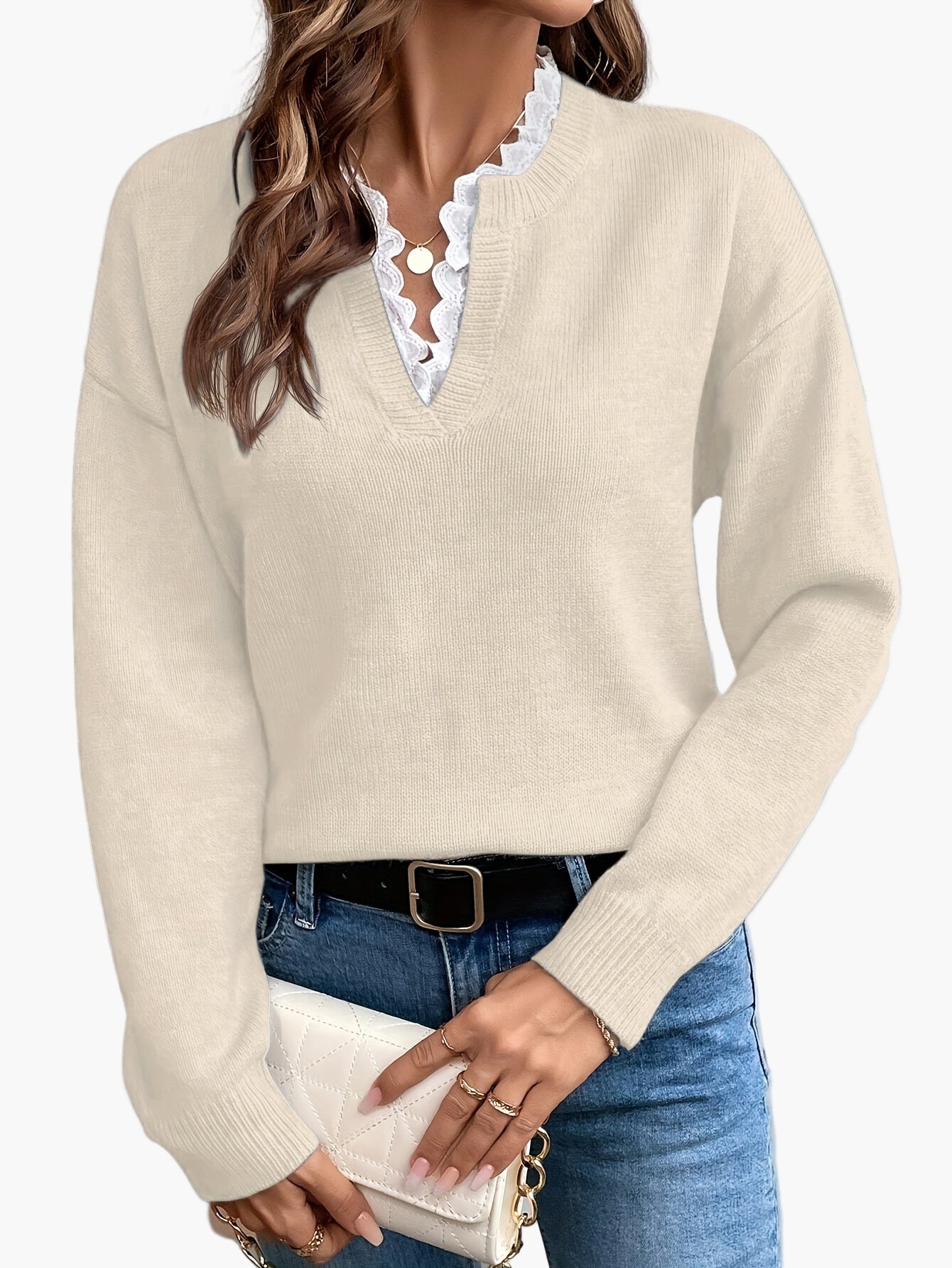 Damen Pullover Elegant mit V-Ausschnitt und Spitzenbesatz – Lockerer Strickpullover für Herbst und Winter