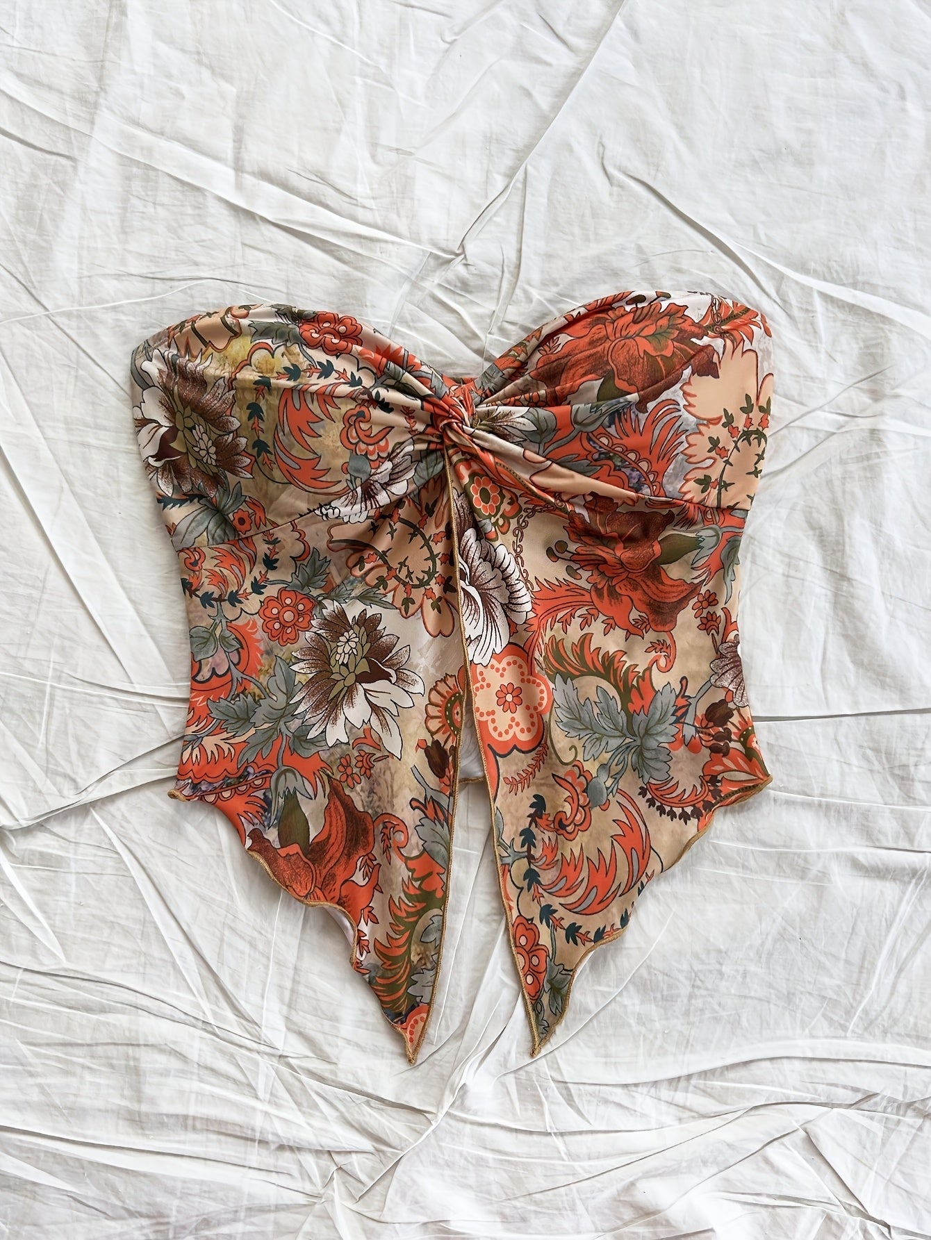 Damen Bandeau Crop Top mit Blumenmuster und Knoten – Vintage Stil, Modisches Festival- und Sommer-Outfit