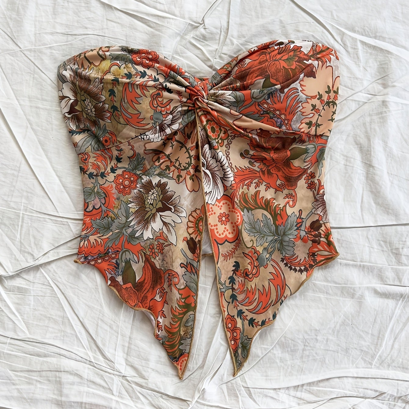 Damen Bandeau Crop Top mit Blumenmuster und Knoten – Vintage Stil, Modisches Festival- und Sommer-Outfit