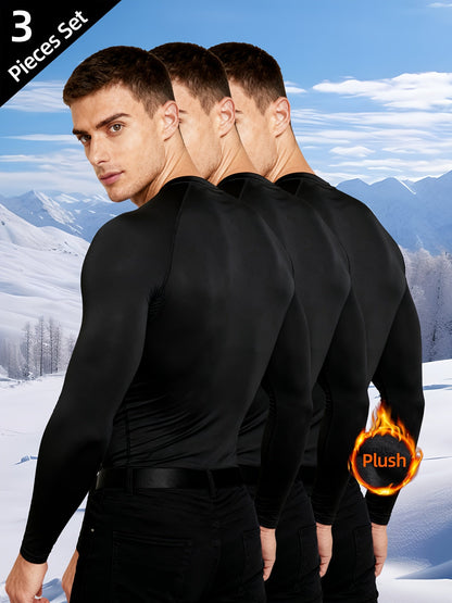 Herren Langarm Thermo Unterhemd Kompressionsshirt Rundhals Schwarz 3er-Set