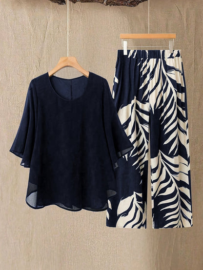 Damen Zweiteiler Set Elegant – Weite Bluse mit Rundhalsausschnitt und Tropenprint Hose, Perfekt für Urlaub und Sommer