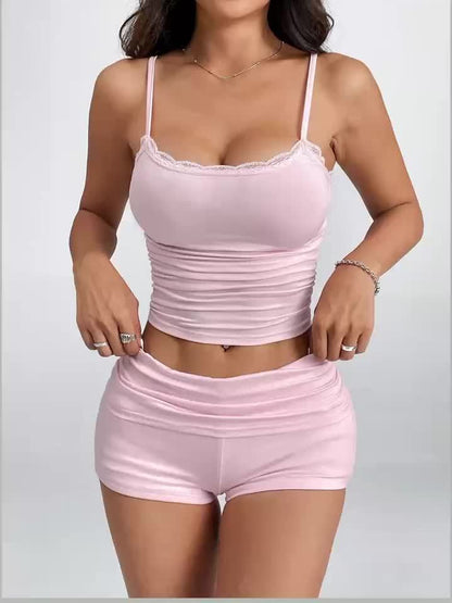 Damen Loungewear Set – Elegantes Spaghettiträger Top und Shorts für Zuhause & Freizeit