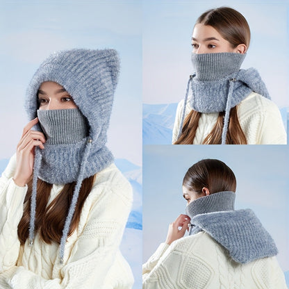 Strick Sturmhaube mit Kapuze und Ohren Winter Balaclava