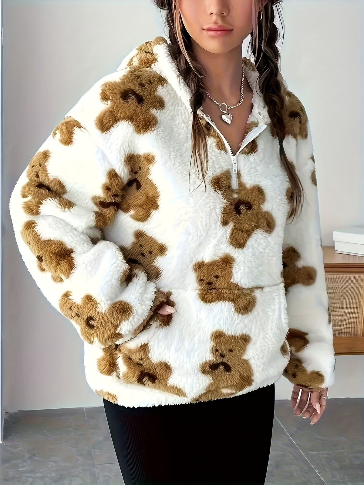 Damen Teddy Hoodie Weiß Braun Flauschig mit Bärchenmuster