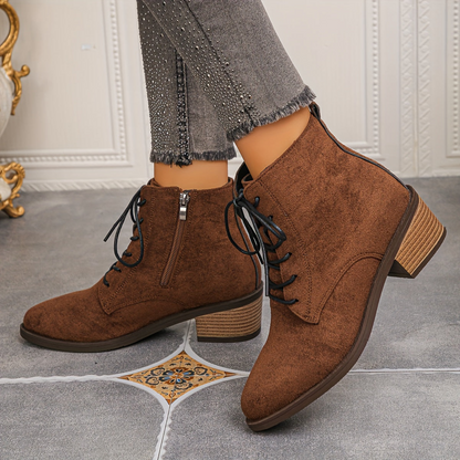 Damen Schnürstiefelette mit seitlichem Reißverschluss und Blockabsatz