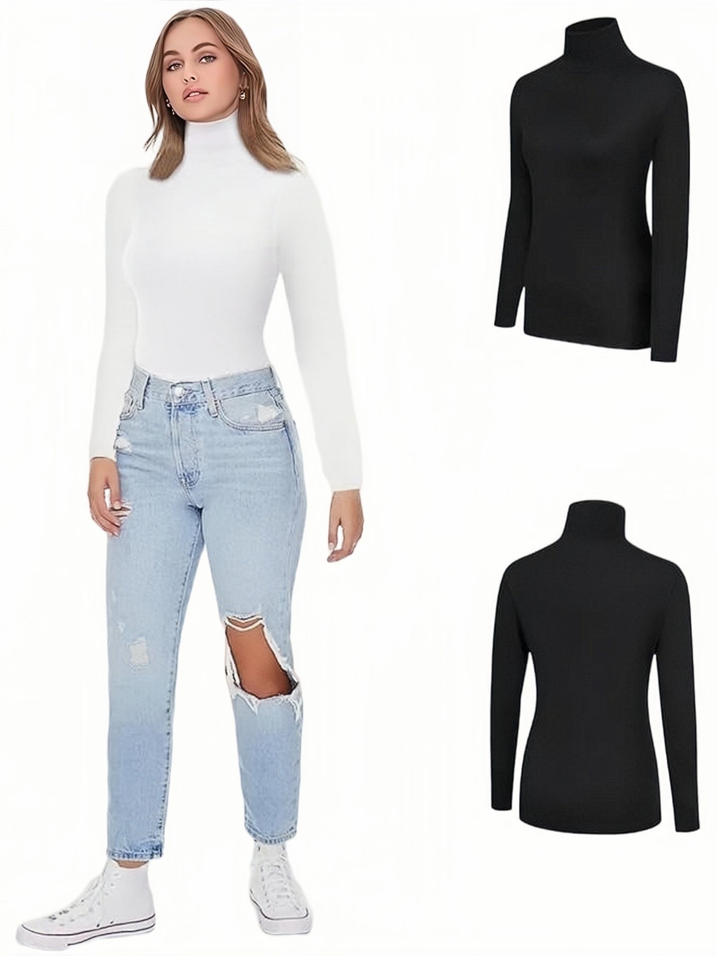 Damen Rollkragenpullover Langarm Shirt Eng Anliegend Schwarz Weiß Grau Mehrfachpack
