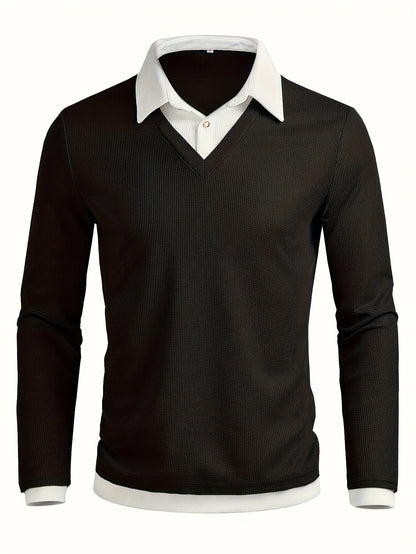Herren Langarmshirt mit V-Ausschnitt, Schwarz, Lagenlook