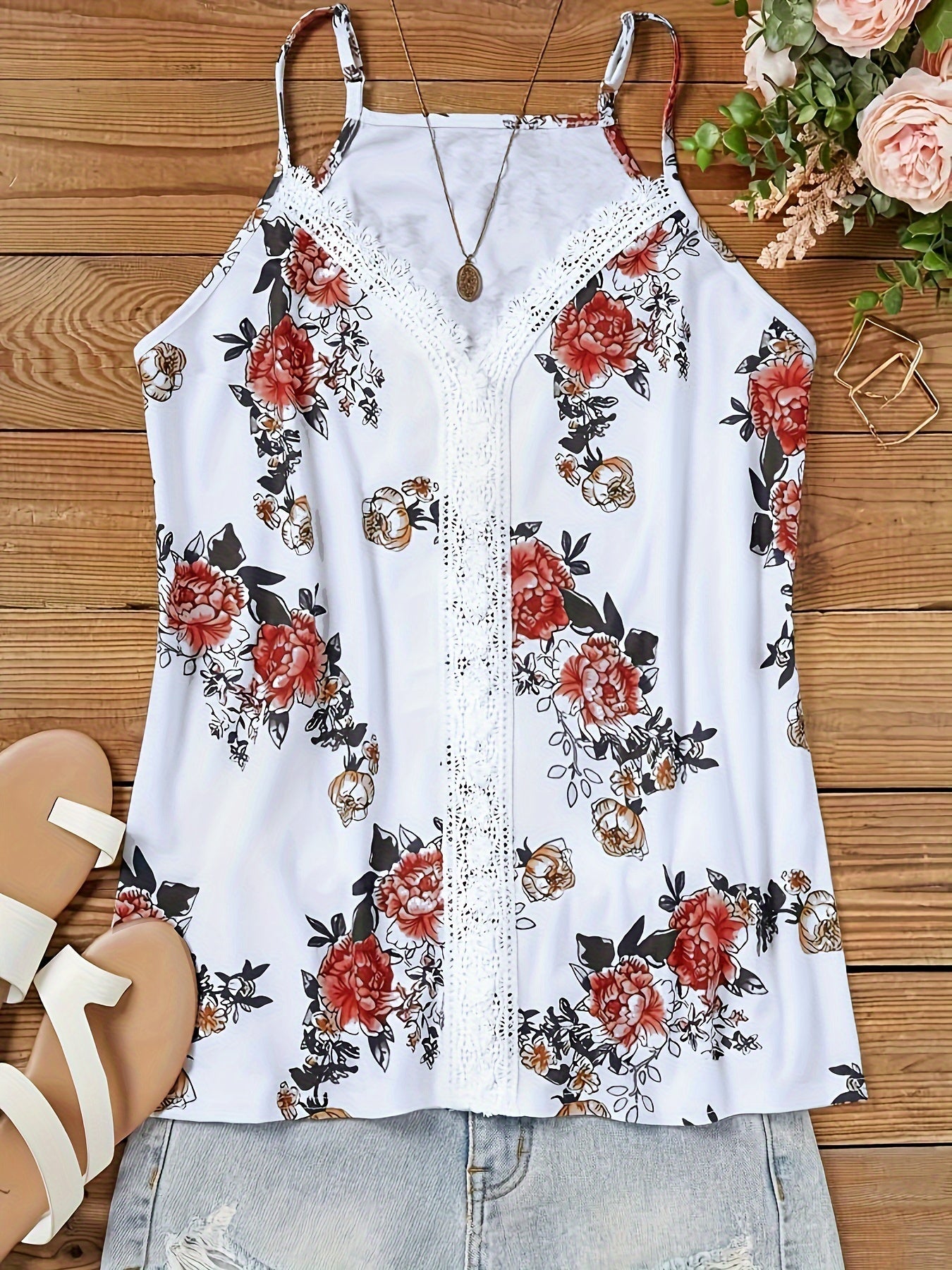Damen Spaghettiträger Top mit floraler Spitze – Sommer Freizeit Sexy Oberteil