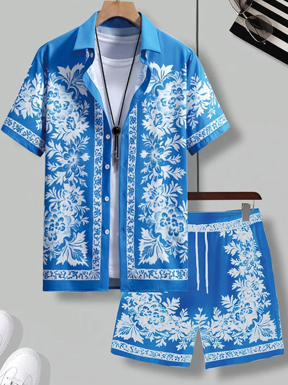 Herren Sommer Set mit Kurzarmhemd und Shorts – Eleganter Freizeitstil mit Blumenmuster für Urlaub & Alltag