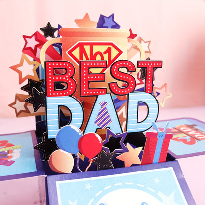 Vätertag 3D Pop-up Grußkarte – Beste Papa Überraschungsbox für Männer, Geschenkidee für Väter mit Super Dad Motiv