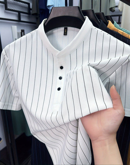 Herren Kurzarm-Hemd mit Stehkragen und Nadelstreifen – Modernes Freizeit- und Business-Outfit
