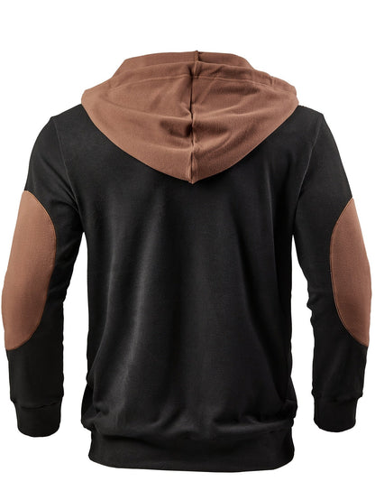 Herren Hoodie Schnürung Schwarz Braun Kapuzenpullover Patchwork