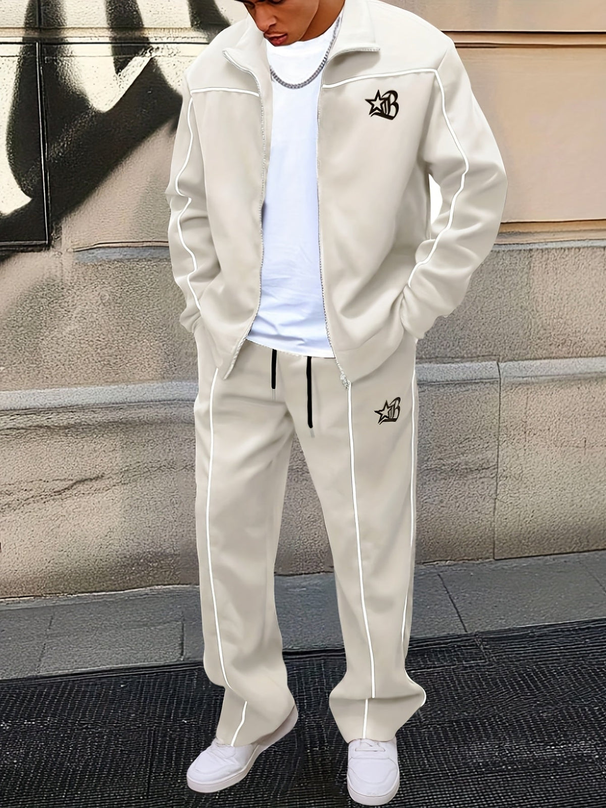 Unisex Trainingsanzug mit Reißverschluss Jacke und Hose, Kontraststreifen