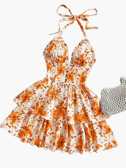 Damen Volant-Minikleid mit Rosenmuster und Schnürung – Sommer, Elegant, Festlich