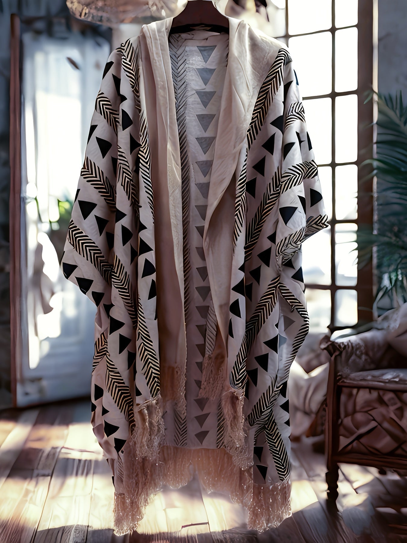 Herren Boho Poncho mit Kapuze – Geometrisches Muster, Überwurf für Strand und Festival
