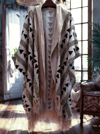 Herren Boho Poncho mit Kapuze – Geometrisches Muster, Überwurf für Strand und Festival