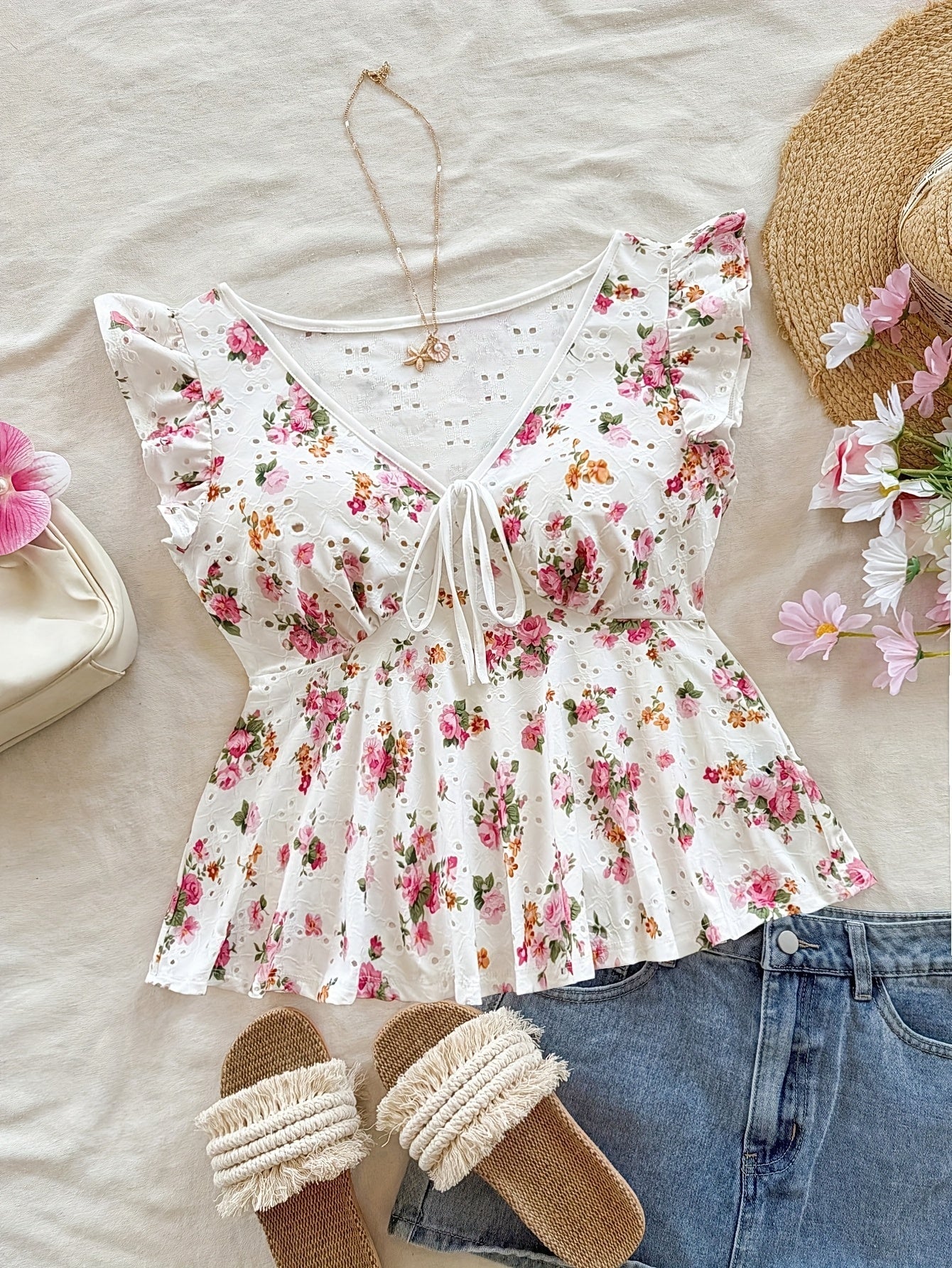 Damen Peplum-Bluse mit Blumenmuster und verspieltem Bindeband – Romantischer Vintage-Stil für Freizeit und Ausflüge
