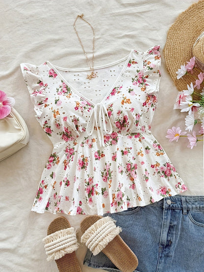 Damen Peplum-Bluse mit Blumenmuster und verspieltem Bindeband – Romantischer Vintage-Stil für Freizeit und Ausflüge