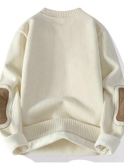 Unisex Langarm Sweatshirt mit Ellenbogen-Patches, Rundhalsausschnitt, gerippter Textur