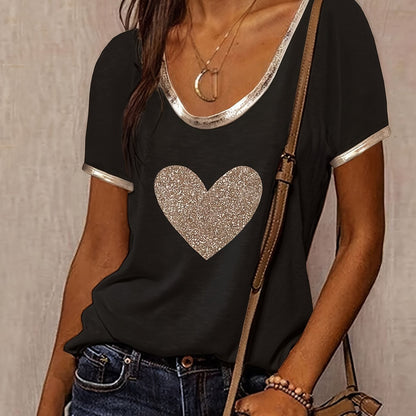 Damen T-Shirt mit Herz-Print und Metallic-Details – Modisches Freizeitshirt mit V-Ausschnitt