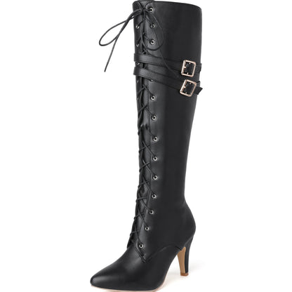 Damen Stiefel Schwarz mit Schnürung & Schnallen Hoher Absatz Spitz